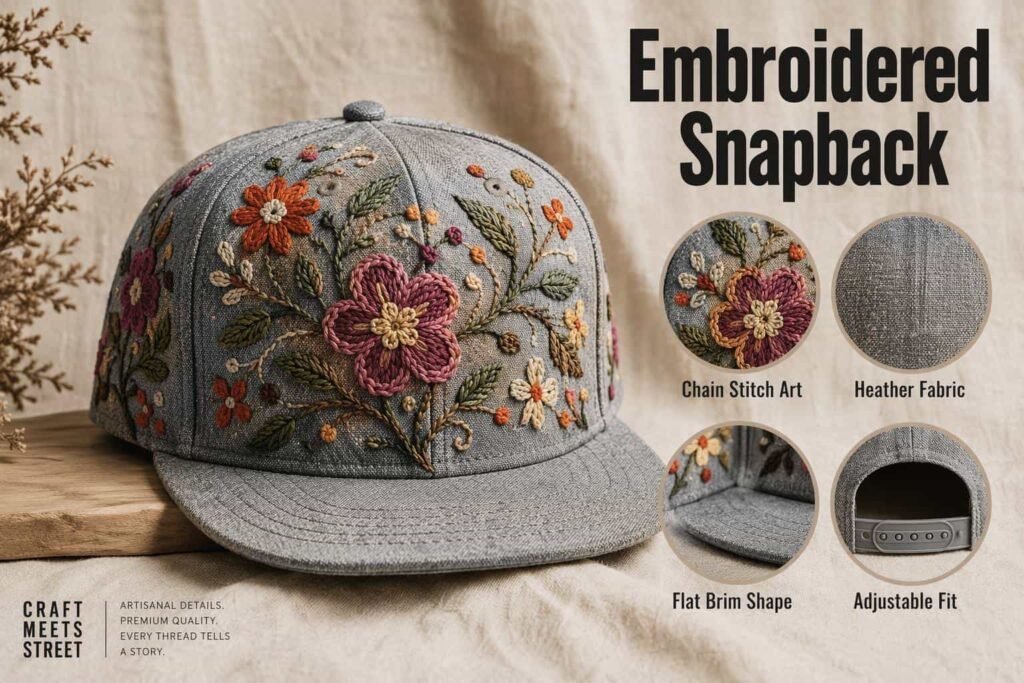 Heather gray embroidered snapback hat with detailed all-over chain-stitch floral embroidery design, structured flat brim, and adjustable snap closure — premium artisan custom baseball cap for boutique streetwear brands and craft-inspired apparel collections