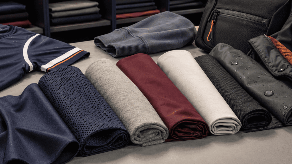 Custom teamwear fabric options including performance polyester, moisture-wicking knit, breathable mesh, cotton-blend fleece, stretch fabric, lightweight woven material, durable bag fabric and water-resistant outerwear fabric.