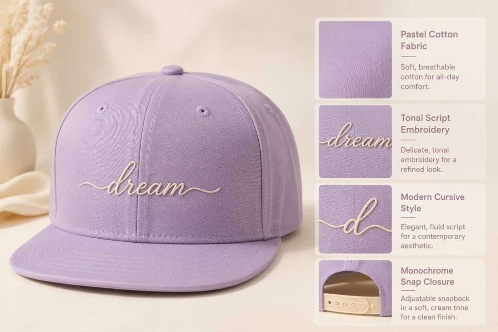 Fashion script snapback hat in soft dusty lavender cotton with tonal cream-beige cursive embroidery on the front panel, structured 6-panel crown, flat brim, and monochrome snap closure — a premium fashion-forward cap for womenswear brands, beauty and cosmetics merchandise, boutique retailers, and lifestyle labels with subtle tonal script lettering for an understated yet sophisticated visual identity.