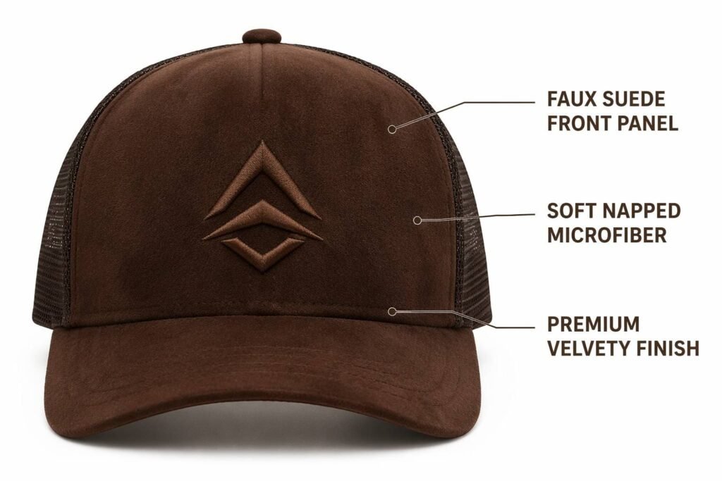 faux suede custom trucker hat in chocolate brown with dark mesh back, soft napped microfiber with directional velvety matte finish, premium elevated texture, embroidered logo, wholesale B2B promotional luxury headwear for high-end corporate gifts and boutique brand merchandise