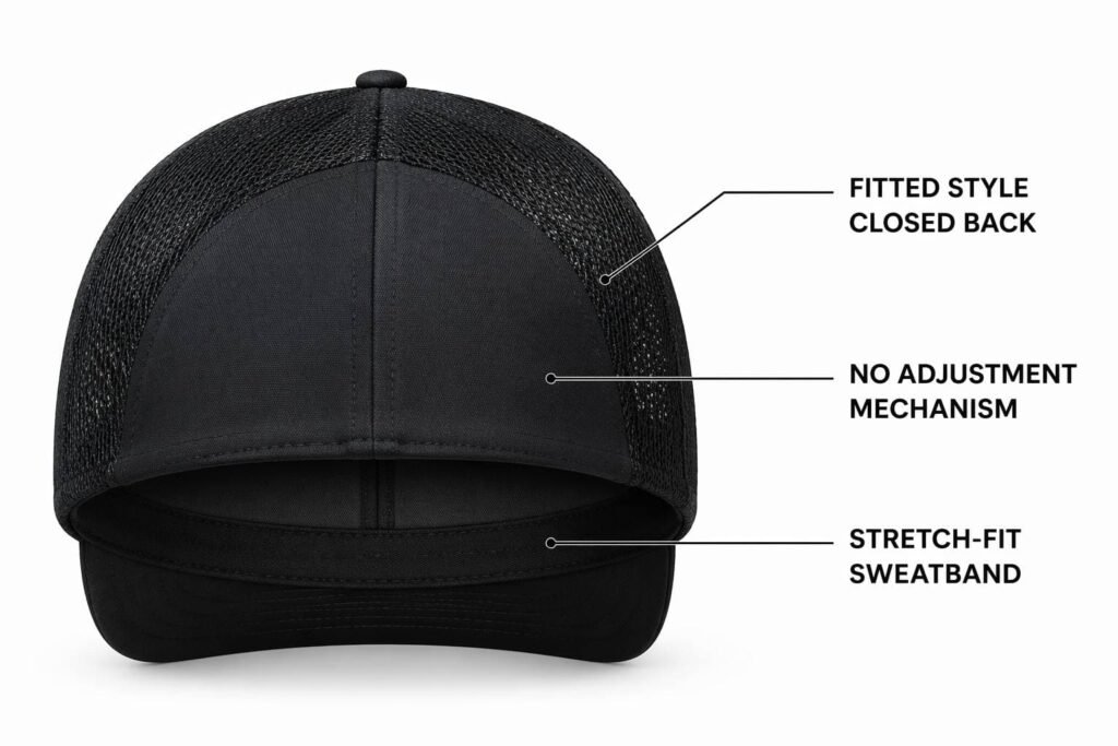 fitted style custom trucker hat in classic black with closed seamless back, no adjustment mechanism for sleek clean rear profile, stretch-fit sweatband in specific sizes, embroidered logo, wholesale B2B promotional headwear with premium fitted closure for minimalist brand aesthetics