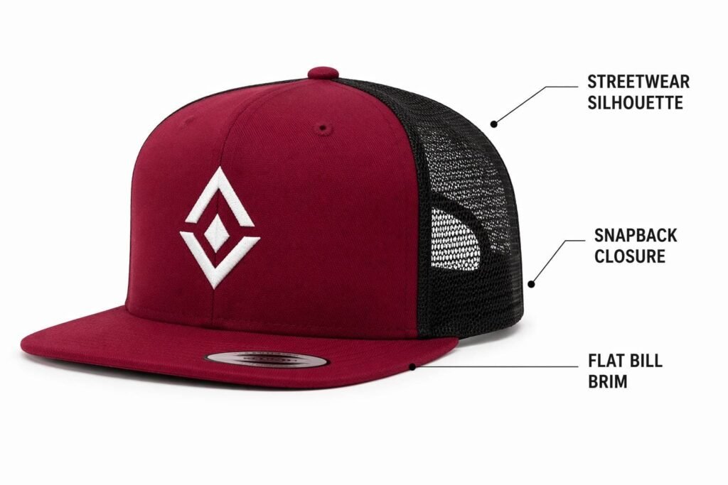 flat bill snapback trucker hat in burgundy red with black mesh back, straight brim streetwear silhouette, adjustable snapback closure, structured high crown, custom embroidered logo, wholesale B2B promotional headwear for streetwear and sports brands