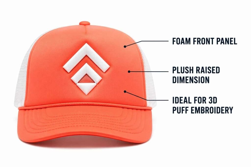 foam front custom trucker hat in coral orange with white mesh back, thick padded foam panel with raised dimensional surface, ideal for 3D puff embroidery, embroidered logo, wholesale B2B promotional caps for bold textured brand merchandise