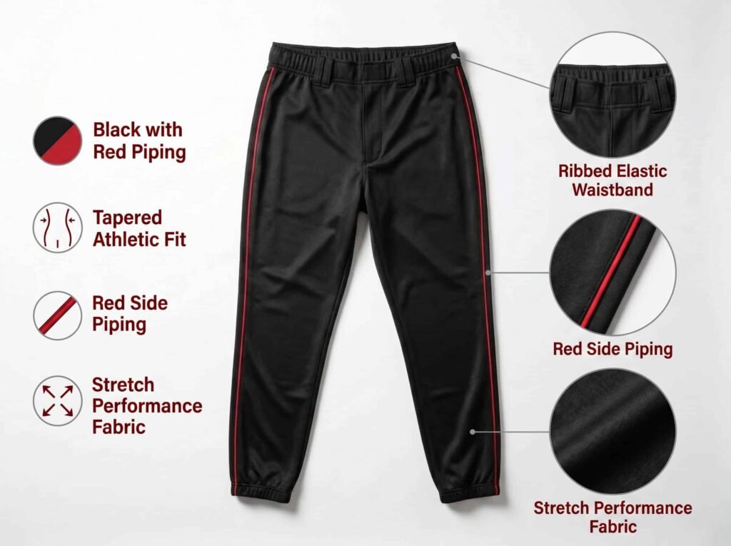 Full-Length Baseball Pants —Black with Red Piping — Featuring a tapered athletic fit, red side trim details, and stretch fabric.