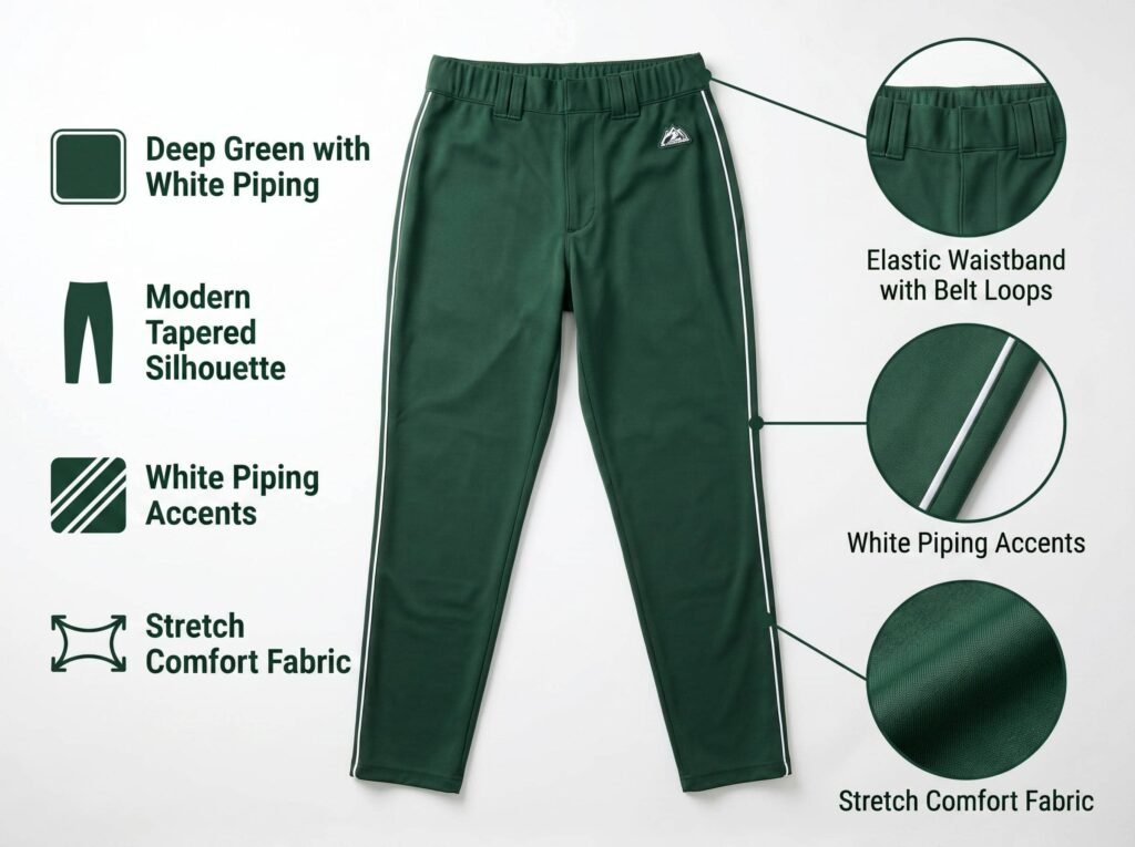 Full-Length Baseball Pants —Deep Green with White Piping — Featuring a tapered fit with slight stretch and contrasting white trim details.