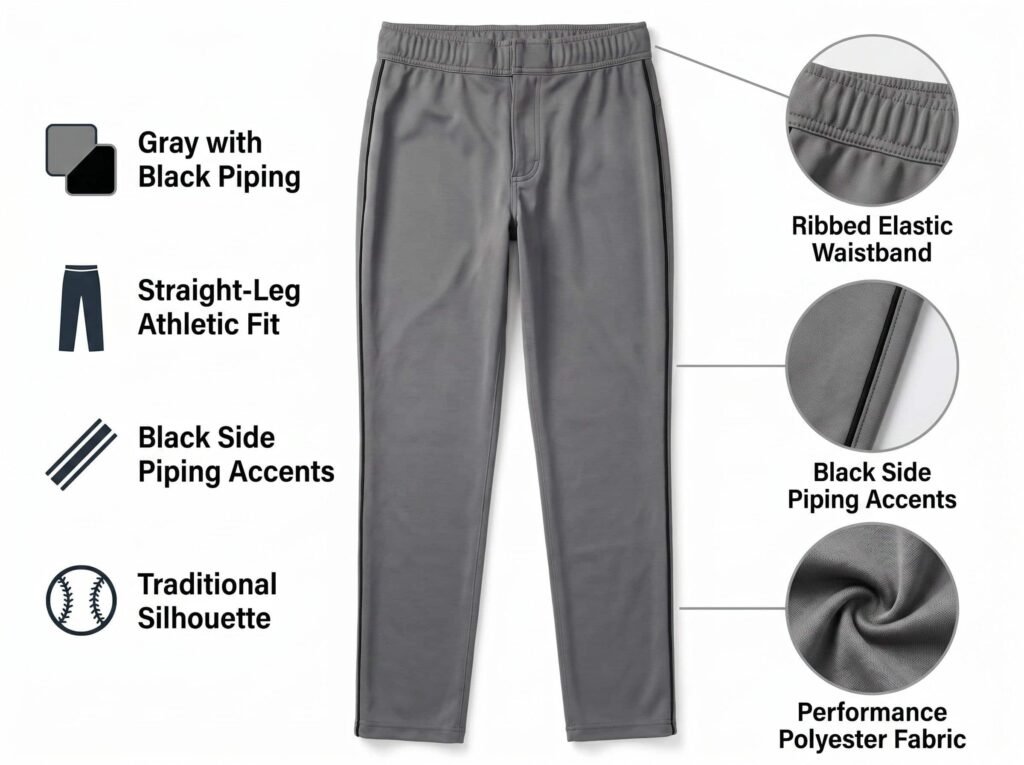 Full-Length Baseball Pants —Gray with Black Piping — A classic straight-leg athletic fit featuring black side trim details.