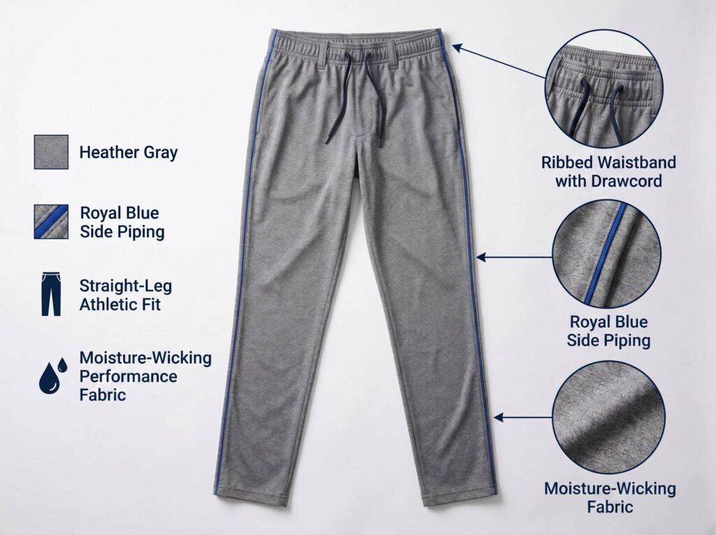 Full-Length Baseball Pants —Heather Gray with Royal Blue Piping — A straight-leg athletic fit featuring moisture-wicking performance fabric.