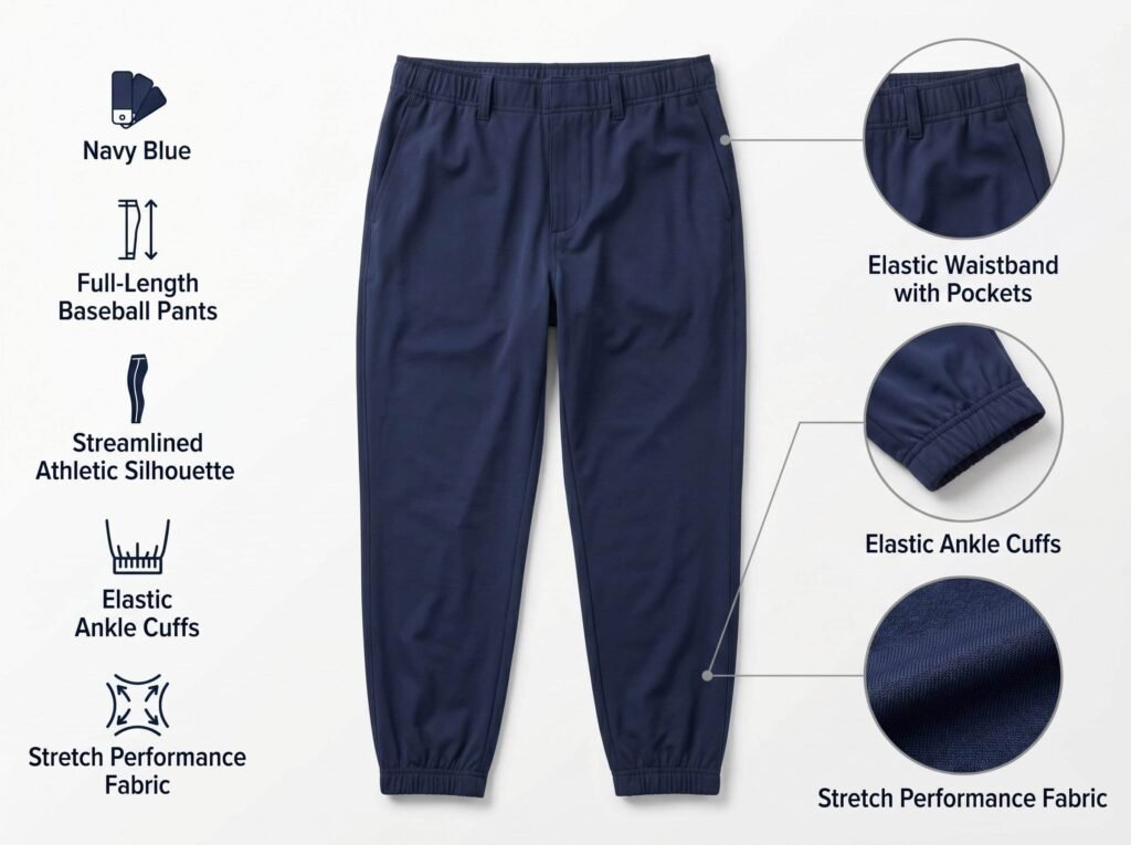 Full-Length Baseball Pants —Navy Blue Full-Length Pants — Featuring a slim athletic fit, elastic cuffs, and stretch fabric for enhanced mobility.