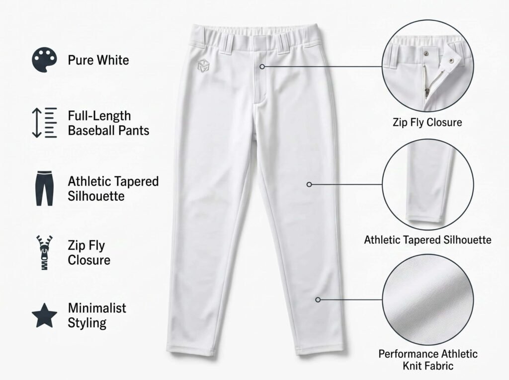 Full-Length Baseball Pants —Pure White Full-Length Pants — Featuring an athletic tapered fit, zip fly closure, and a clean modern design.