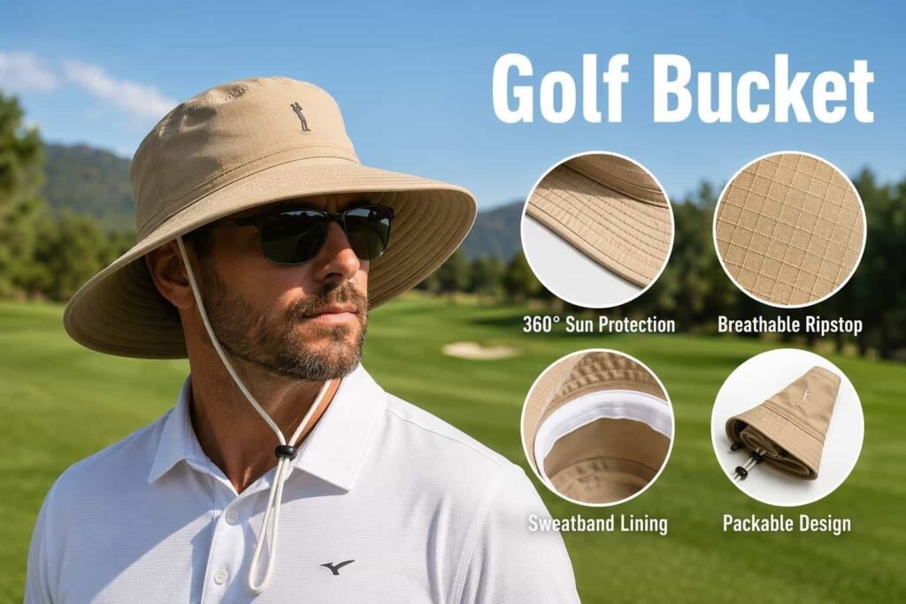 Khaki tan wide brim golf bucket hat with 360-degree sun protection, breathable ripstop performance fabric, internal sweatband lining, and packable foldable design — custom sun protection bucket hat for golfers, outdoor sports, and resort merchandise