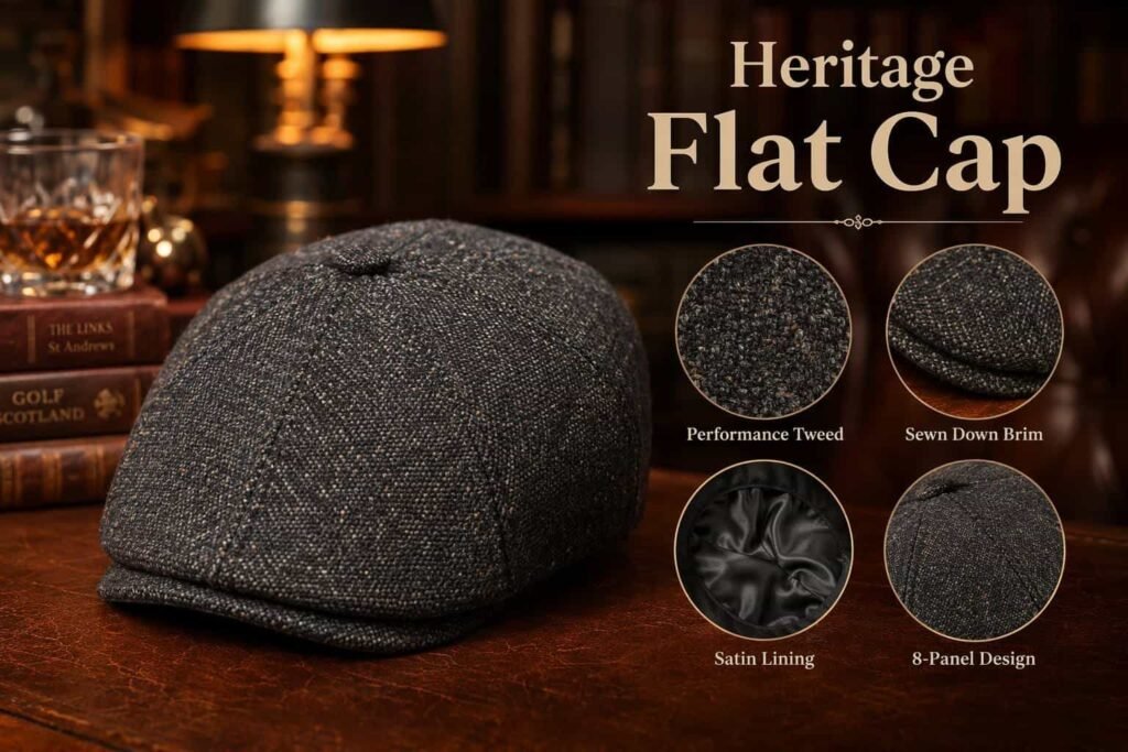 Charcoal gray heathered performance tweed golf flat cap with sewn-down brim, 8-panel traditional construction, and satin inner lining — custom heritage golf cap for classic country clubs, Scottish links courses, and luxury golf apparel brands