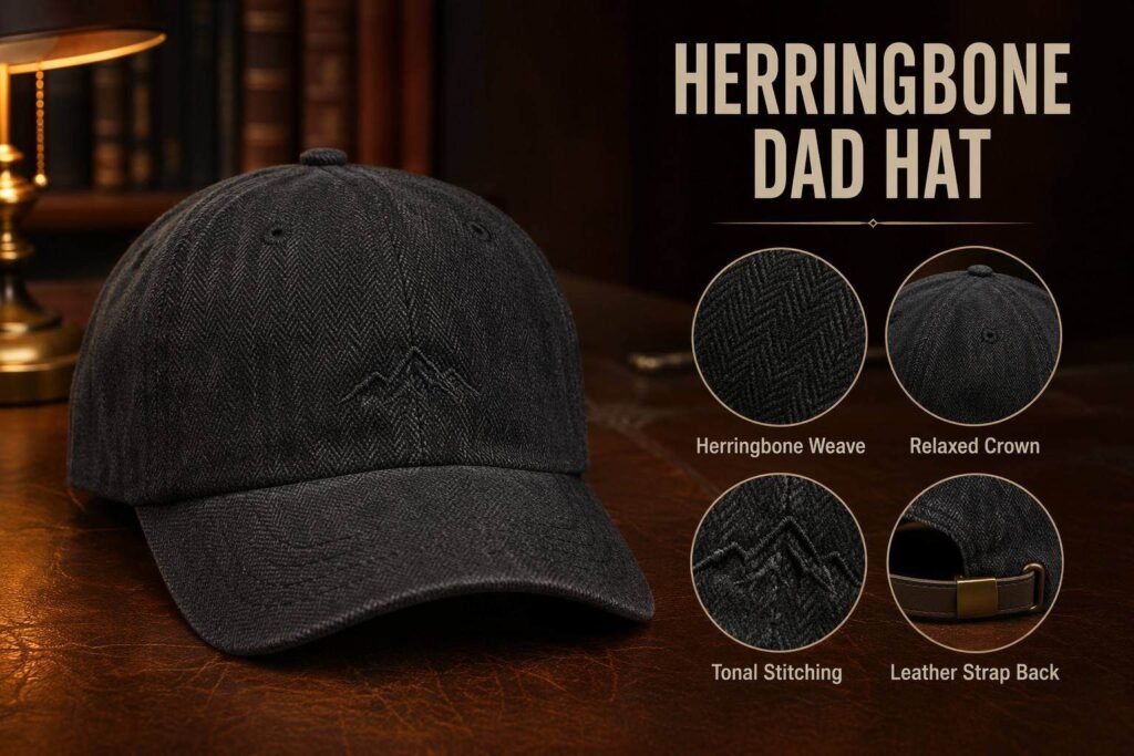 Deep charcoal herringbone weave textured dad hat with relaxed unstructured crown, tonal stitching, and genuine leather strap back closure — custom premium casual baseball cap for refined lifestyle brands, craft coffee roasters, and elevated everyday wear collections