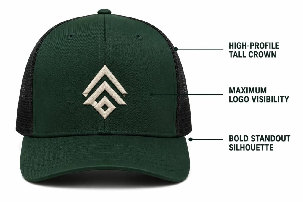 high-profile custom trucker hat in deep forest green with black mesh back, extra-tall structured crown for maximum logo visibility, bold standout silhouette, embroidered emblem, wholesale B2B promotional headwear for stadium events and trade show branding
