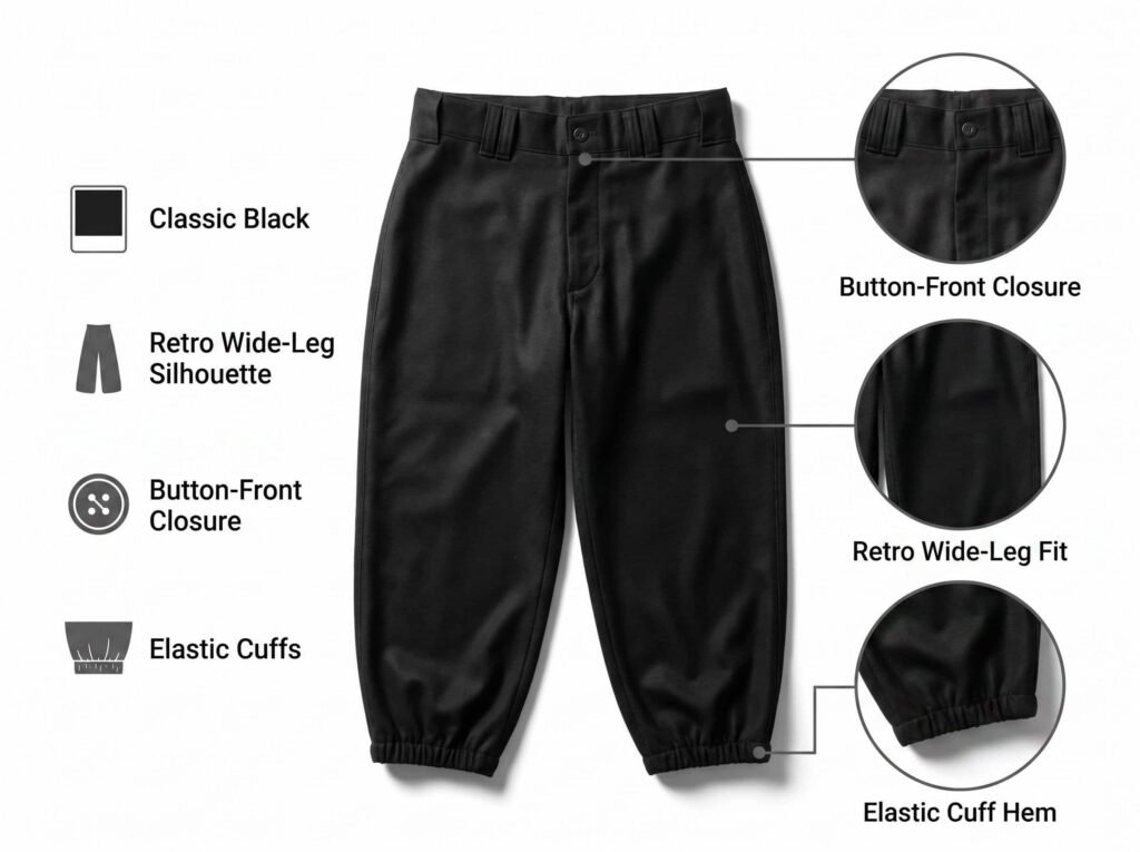 Knicker Baseball Pants —Classic Black — A vintage wide-leg silhouette featuring elastic cuffs and a button-front closure.