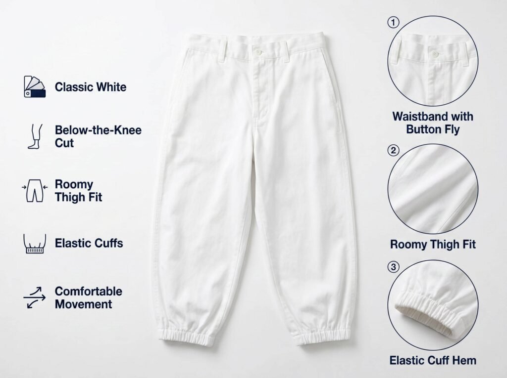 Knicker Baseball Pants —Classic White — Featuring a below-the-knee length, elastic leg openings, and a relaxed thigh fit.