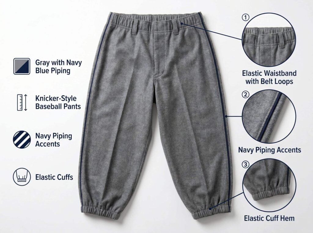 Knicker Baseball Pants —Gray with Navy Blue Piping — A classic knicker-style fit with elastic cuffs and navy trim details.