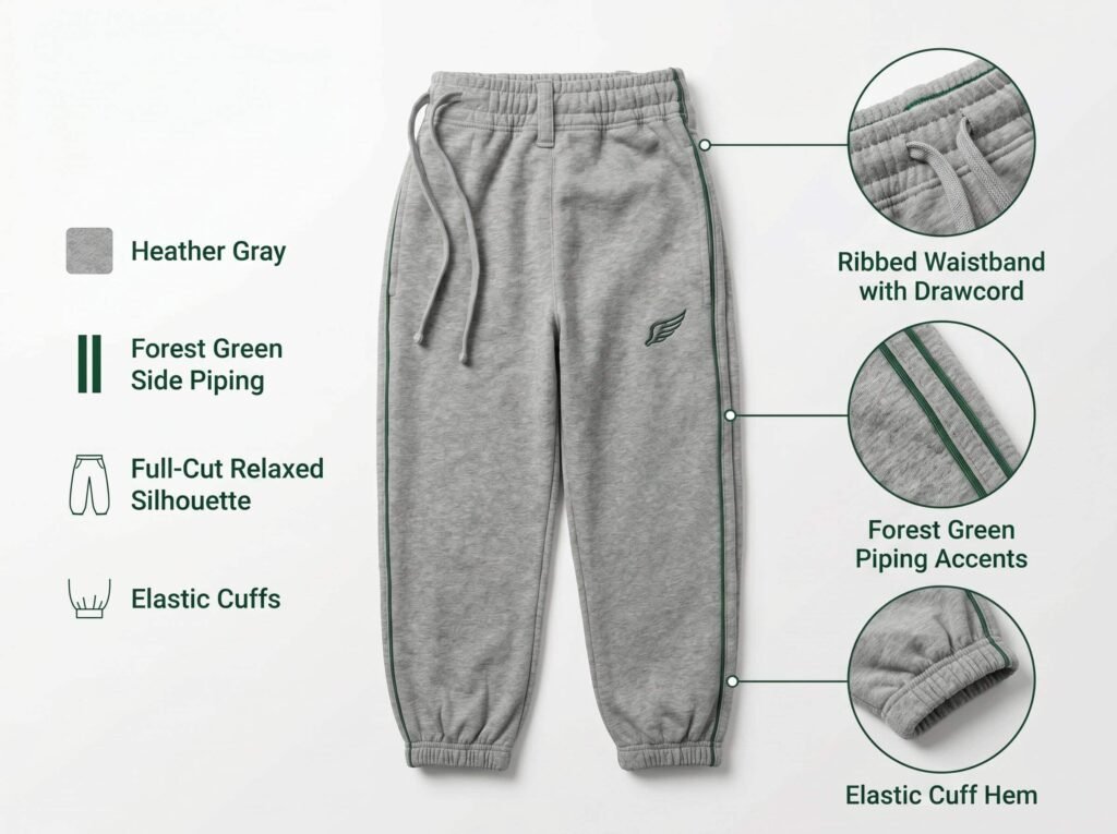 Knicker Baseball Pants —Heather Gray with Forest Green Piping — A relaxed full-cut fit featuring elastic cuffs and classic green trim details.
