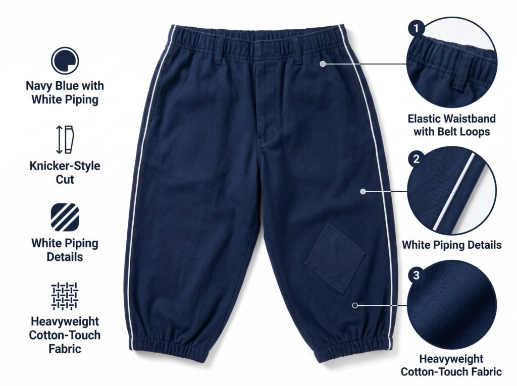 Knicker Baseball Pants —Navy Blue with White Piping — A traditional knicker-style cut featuring white trim and heavyweight cotton-touch fabric.
