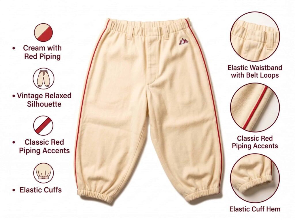 Knicker Baseball Pants —Vintage Cream with Red Piping — A relaxed retro fit featuring elastic cuffs and classic red trim details.