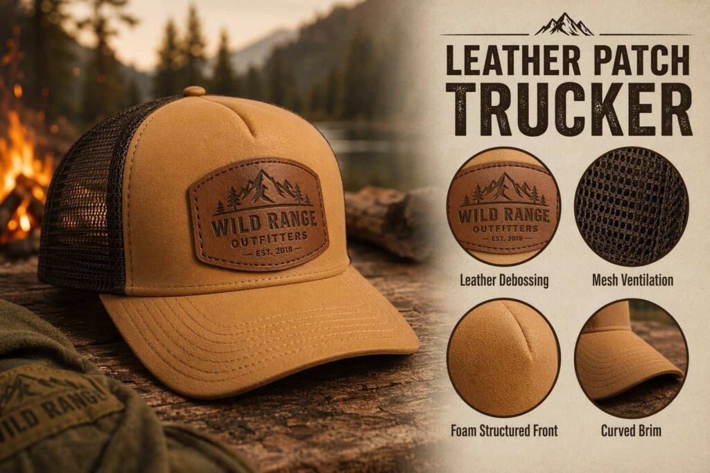 Warm camel tan leather patch trucker hat with genuine leather debossed logo patch, dark brown mesh back, structured foam front, and curved brim — premium custom outdoor mesh cap for adventure brands, hunting and fishing apparel, and craft brewery merchandise