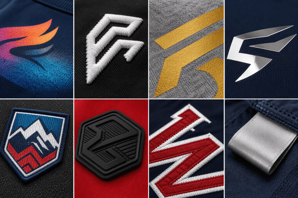Custom teamwear logo decoration methods — sublimation printing, 3D puff embroidery, screen printing, heat transfer vinyl, woven patches, rubber patches, appliqué lettering, and custom woven labels for OEM ODM baseball jerseys, hoodies, caps, and sports uniforms manufacturing.