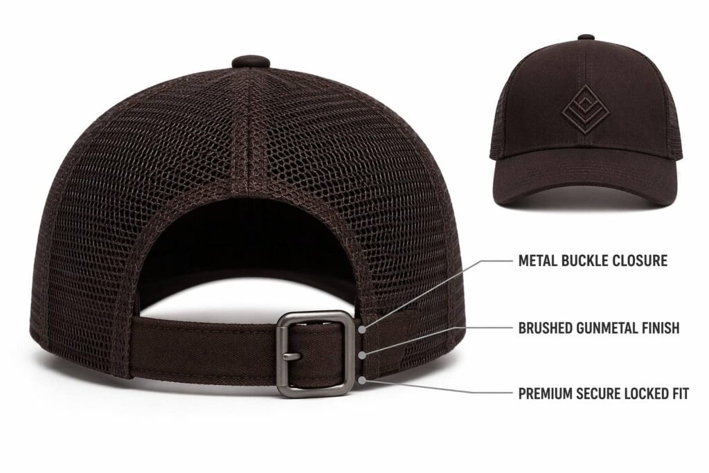 metal buckle closure custom trucker hat in espresso brown canvas, rear view showing brushed gunmetal buckle hardware with prong pin fastening, premium secure locked-in fit, embroidered logo, wholesale B2B promotional headwear with upscale metal closure for premium brand merchandise