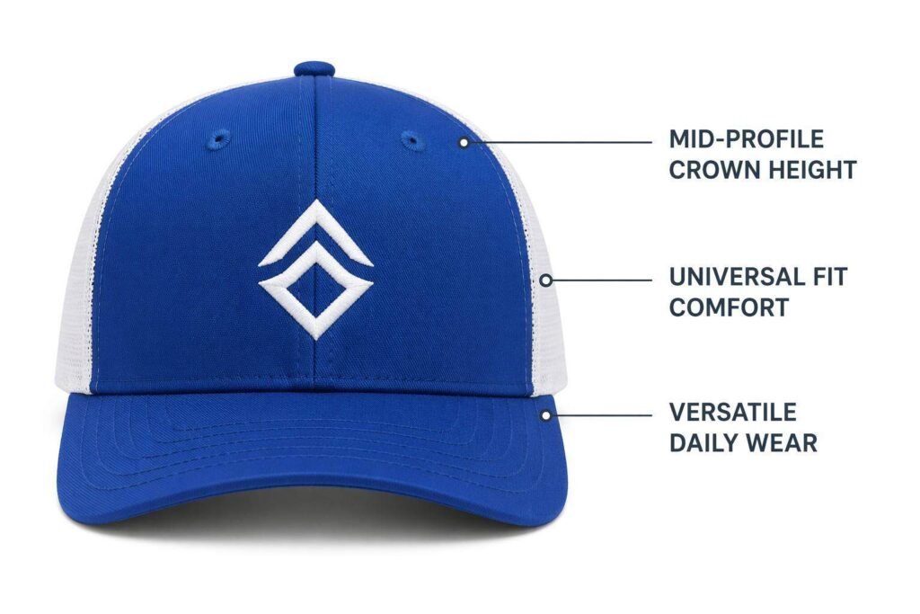 mid-profile custom trucker hat in royal blue with white mesh back, balanced medium crown height for universal fit, breathable mesh panels, embroidered logo, bulk wholesale promotional caps for corporate events trade shows and brand merchandise