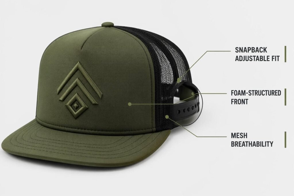 modern snapback trucker hat in matte olive green with black mesh back, foam-structured front panel, adjustable plastic snap closure, breathable mesh design, embroidered geometric logo, wholesale custom headwear for streetwear fashion and youth-oriented brands