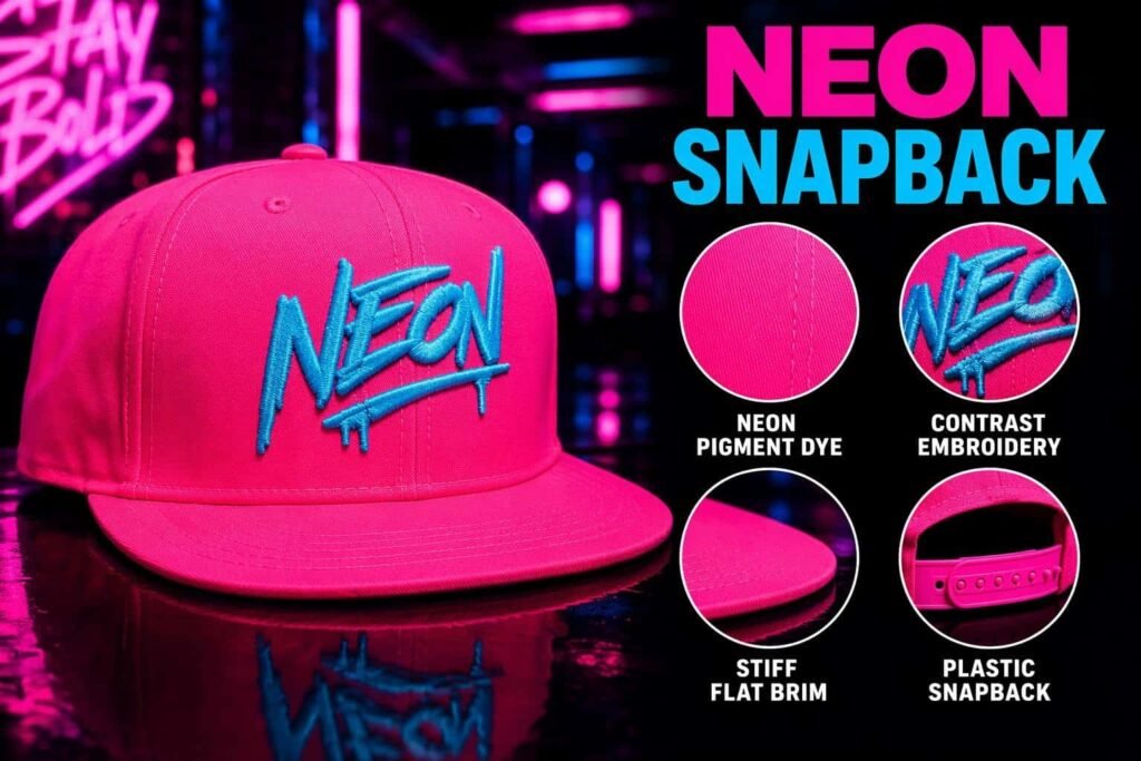 Electric neon pink snapback hat with high-contrast cyan blue embroidery, stiff flat brim, and plastic snapback closure — bold festival-style custom adjustable cap for music merchandise, youth streetwear brands, and promotional events