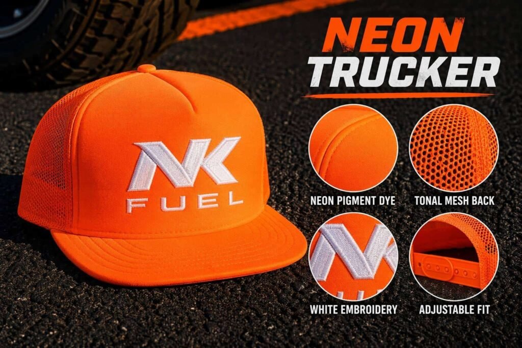 Vibrant neon orange trucker hat with tonal mesh back, bold white embroidered logo, flat brim, and adjustable snapback closure — high-visibility custom mesh cap for sports teams, event merchandise, and summer outdoor promotions