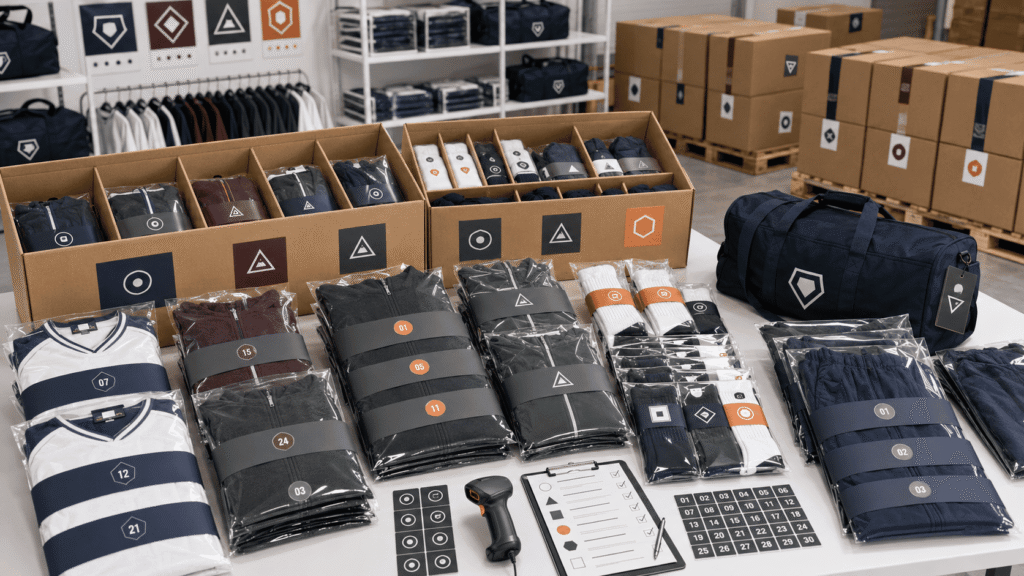 Organized custom teamwear packaging with uniforms sorted by player, team, size and product category for bulk distribution and delivery.