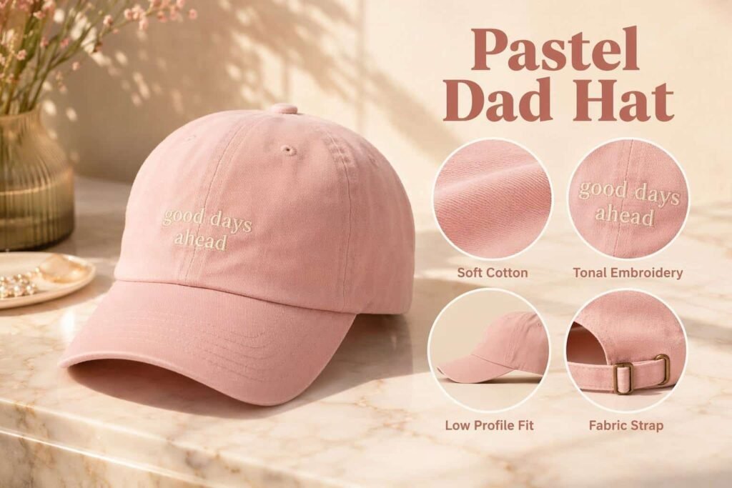 Warm blush pink soft pastel dad hat with tonal cream embroidery, low-profile unstructured crown, and fabric slide strap adjuster — custom soft-tone casual baseball cap for boutique brands, influencer merchandise, and feminine streetwear labels