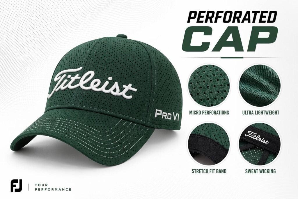 Deep forest green micro-perforated golf cap with all-over ventilation pattern, ultra-lightweight mesh fabric, stretch-fit comfort band, and sweat-wicking liner — custom breathable performance golf hat for summer tournaments and hot climate play