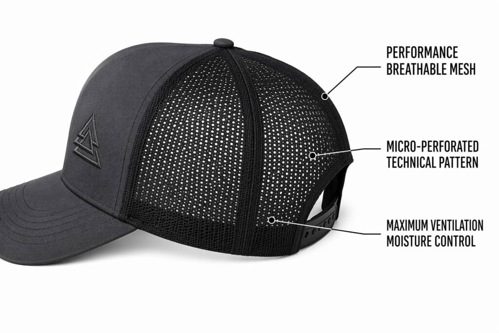 performance breathable mesh back custom trucker hat in black technical mesh with charcoal front panel, ultra-fine micro-perforated pattern for maximum ventilation, moisture-wicking athletic-grade breathability, embroidered logo, wholesale B2B promotional headwear for running fitness and outdoor performance brands