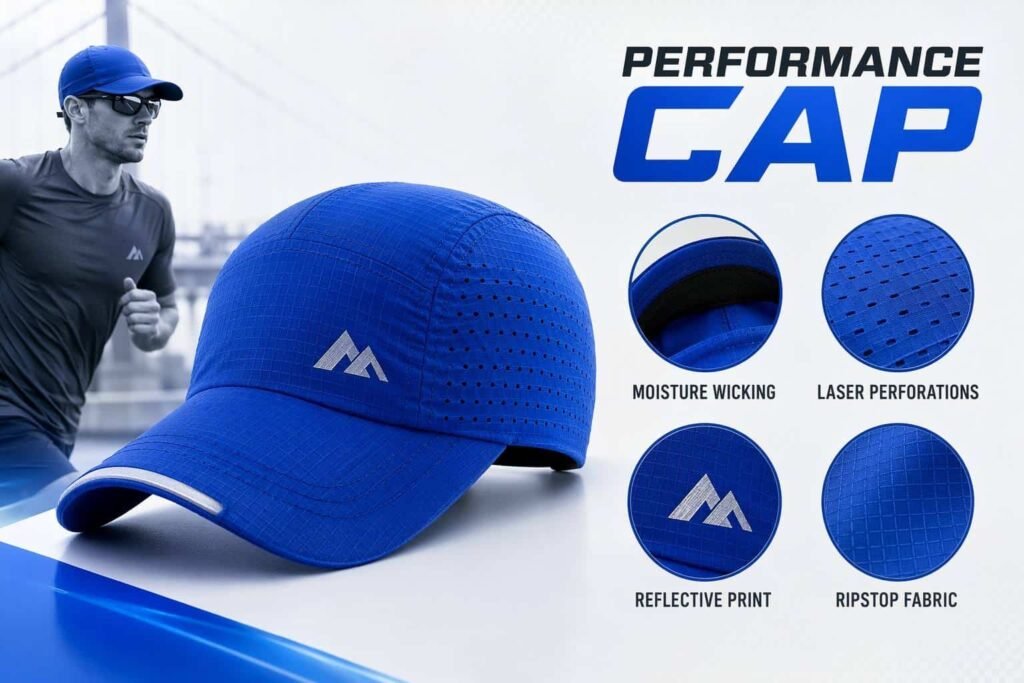 Electric royal blue performance athletic baseball cap with moisture-wicking inner band, laser-cut ventilation perforations, reflective printed logo, and ripstop lightweight fabric — technical custom cap for active sports teams