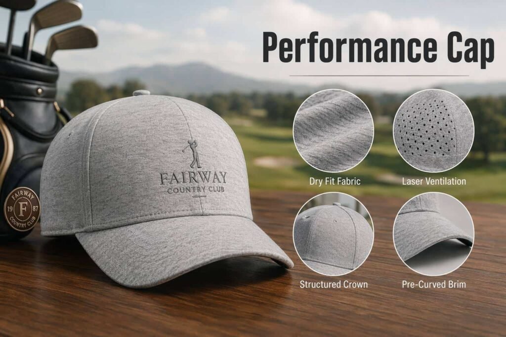 Light heather gray performance structured golf cap with dry-fit moisture-wicking fabric, laser-cut ventilation holes, structured mid-crown, and pre-curved brim — custom technical golf hat for country clubs, golf resorts, and tournament player merchandise