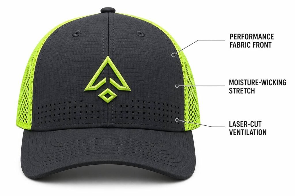 performance fabric custom trucker hat in dark charcoal with neon lime mesh back, moisture-wicking stretch technical material, laser-cut ventilation perforations, embroidered logo, wholesale B2B promotional headwear for running fitness and outdoor athletic brands