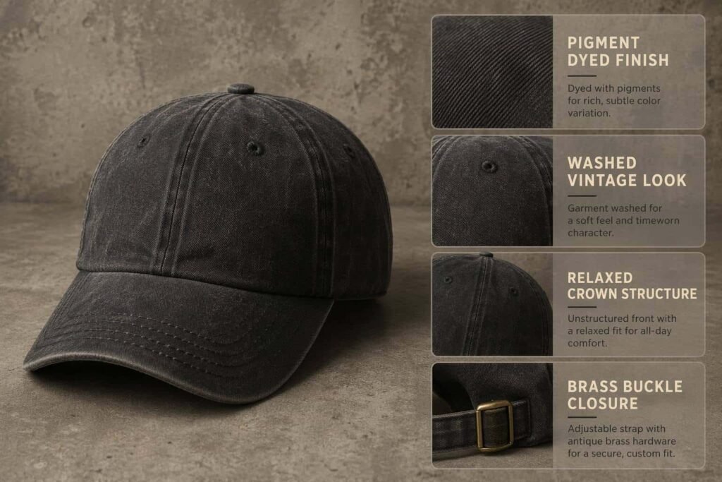 Pigment-dyed 6-panel baseball cap in washed black charcoal with authentic vintage fade finish, relaxed structured crown, pre-curved brim, and antique brass buckle closure — a heritage retail essential for streetwear brands, lifestyle labels, and premium promotional merchandise with a clean front panel ready for embroidery, woven patches, or screen-printed artwork.