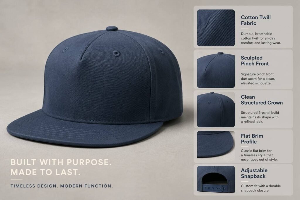 Pinch front snapback hat in dusty slate navy cotton twill with subtle sculpted pinch front dart seam, structured 5-panel crown, flat brim, and tonal snap closure — a refined lifestyle cap for boutique brands, craft brewery merchandise, coffee roaster promotional gear, and elevated retail headwear with a clean front panel for custom embroidery or woven label application.