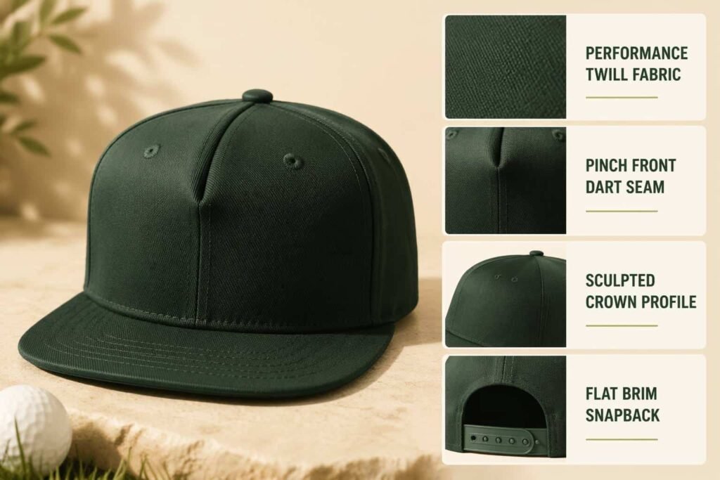 Pinch front snapback hat in forest green performance twill with sculpted dart-seam crown profile, structured 5-panel build, flat brim, and adjustable snap closure — designed for golf clubs, outdoor lifestyle brands, and sports event promotional headwear with a shaped front panel ideal for custom embroidery or woven patch branding.