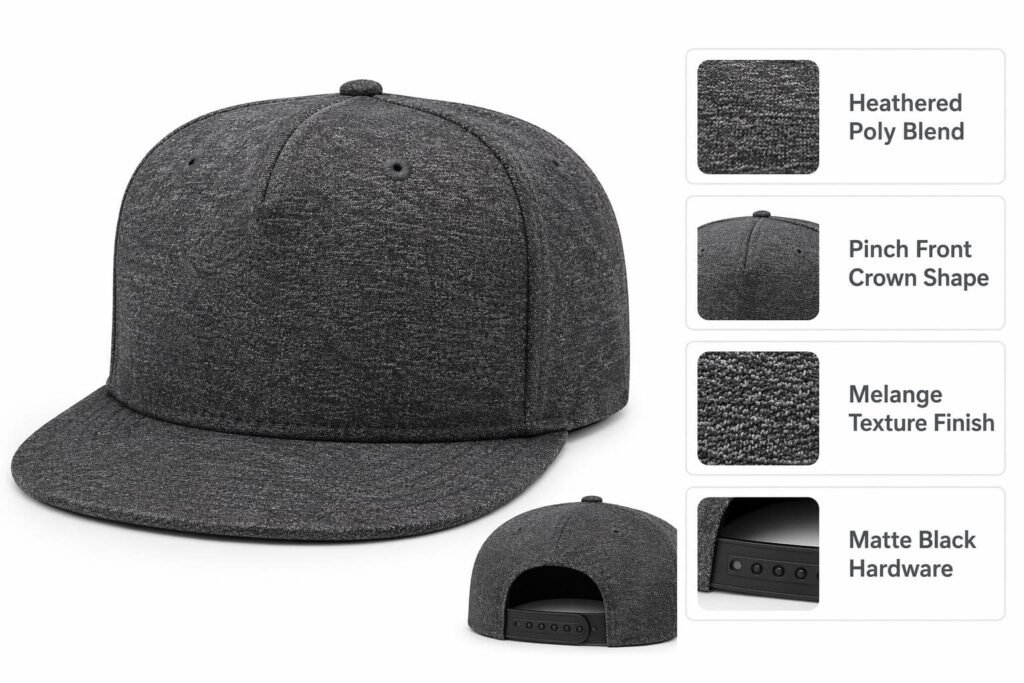 Pinch front snapback hat in heathered charcoal polyester-cotton blend with tonal melange fleck texture, shaped pinch front dart-seam crown, structured flat-brim build, and matte black snap closure — a versatile corporate promotional cap for trade show giveaways, company retreat merchandise, team-building events, and large-volume custom branding with a sculpted front panel for embroidery or screen-printed logo artwork.