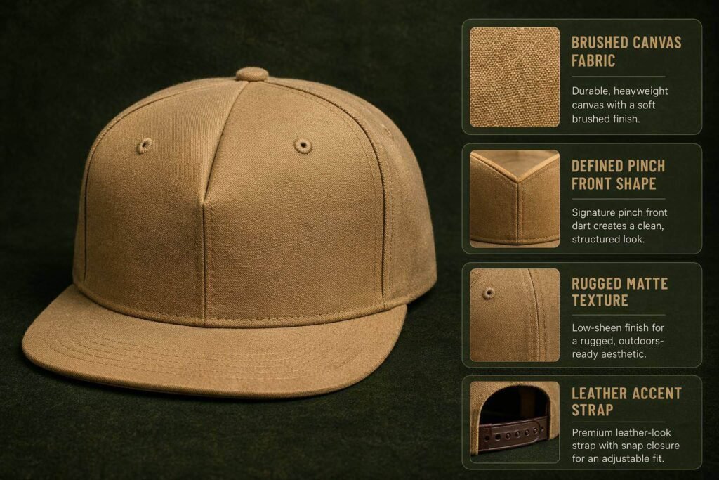 Pinch front snapback hat in warm sand tan brushed canvas with rugged matte texture, pronounced V-shaped pinch front dart seam, structured crown, flat brim, and leather-accent adjustable strap — a durable outdoor-inspired cap for adventure brands, fishing outfitters, camping lifestyle labels, and promotional headwear requiring a shaped front profile for custom logo embroidery or patch application.