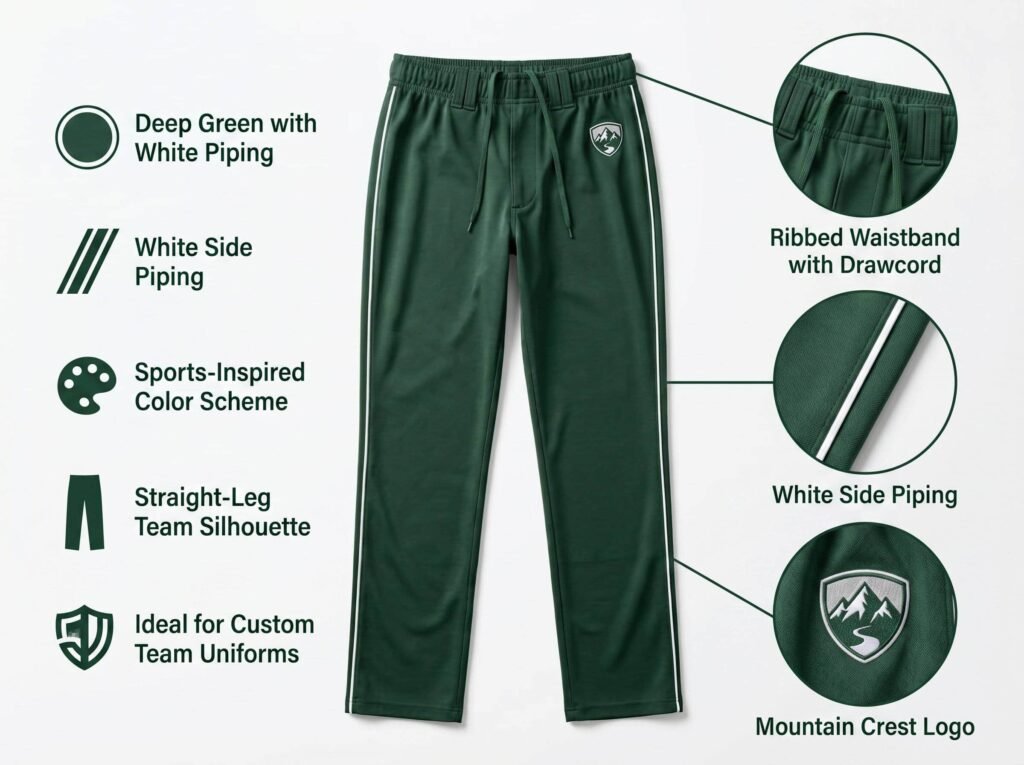 Piped Baseball Pants —Classic Green with White Piping — A timeless athletic color combination with a traditional straight-leg team fit.
