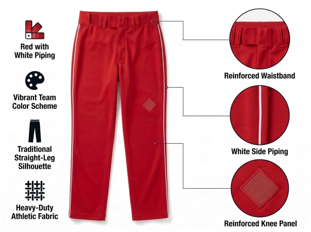 Piped Baseball Pants —Classic Red with White Piping — A bold team color combination with a traditional straight-leg fit.