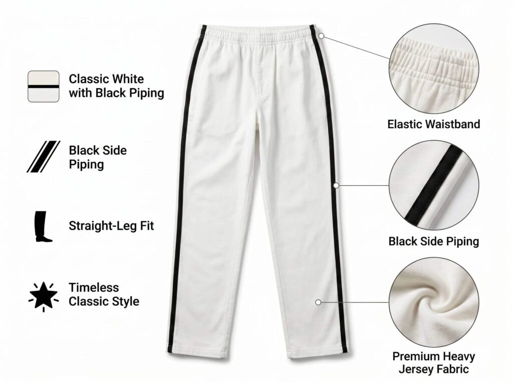 Piped Baseball Pants —Classic White with Black Piping — A timeless black-and-white contrast design with a straight-leg fit.