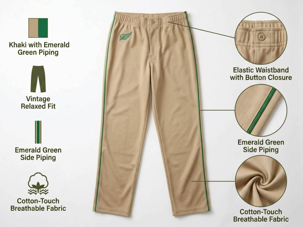 Piped Baseball Pants —Khaki with Emerald Green Trim — A vintage relaxed fit with breathable cotton-feel fabric.