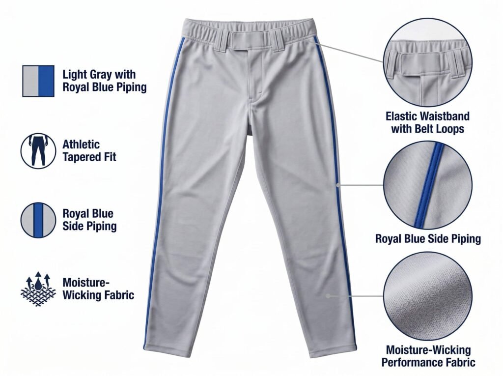 Piped Baseball Pants —Light Gray with Royal Blue Trim — Featuring an athletic tapered fit and moisture-wicking fabric.