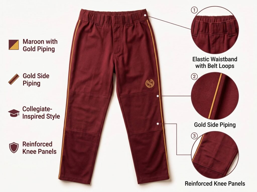 Piped Baseball Pants —Maroon with Gold Trim — A rich collegiate-inspired style with reinforced knee protection.