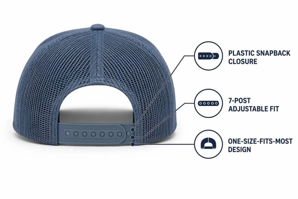 plastic snapback closure custom trucker hat in slate blue, rear view showing classic 7-post adjustable snap system with half-moon cutout, one-size-fits-most fit, embroidered logo, wholesale B2B promotional headwear with standard adjustable snapback closure