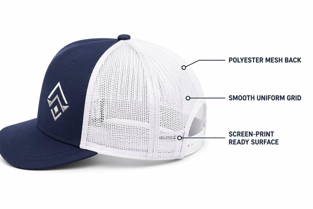 polyester mesh back custom trucker hat in white mesh with navy front panel, smooth uniform grid pattern with subtle sheen, dense weave surface ready for screen printing, embroidered logo, wholesale B2B promotional headwear with printable mesh panels
